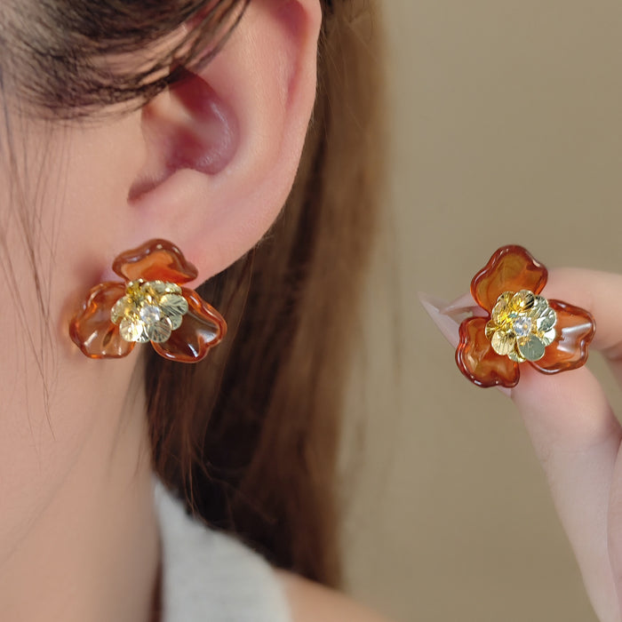 Amber Translucent Flower Crystal Look Stud Earrings