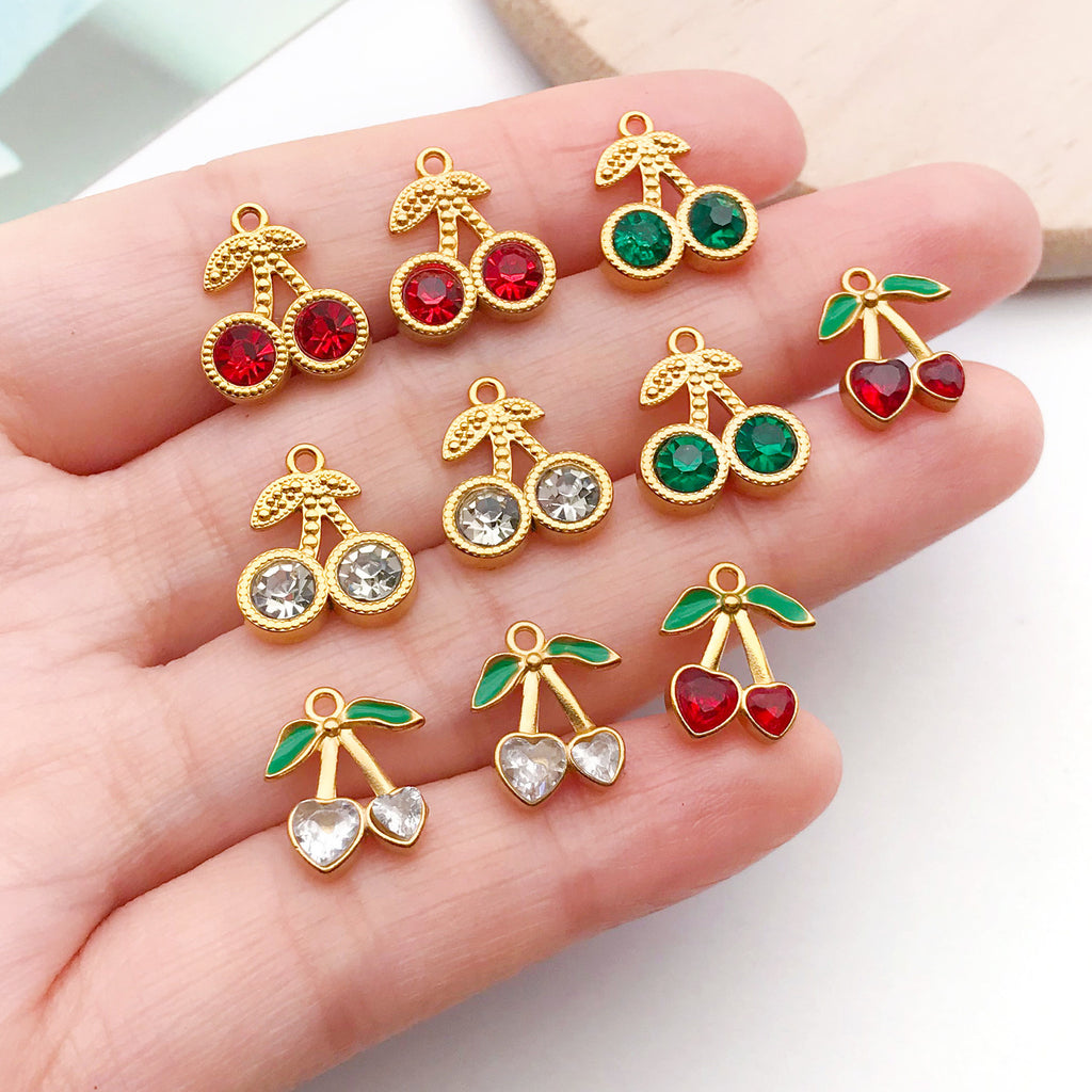 Stainless Steel Rhinestone Cherry Charm Pendant for DIY Necklace Bracelet Earrings