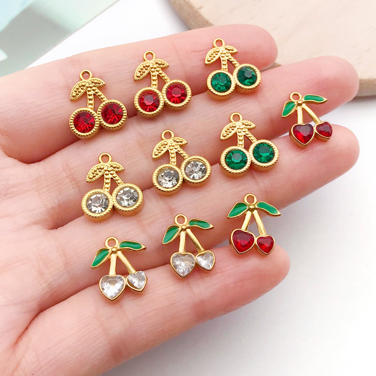 Stainless Steel Rhinestone Cherry Charm Pendant for DIY Necklace Bracelet Earrings