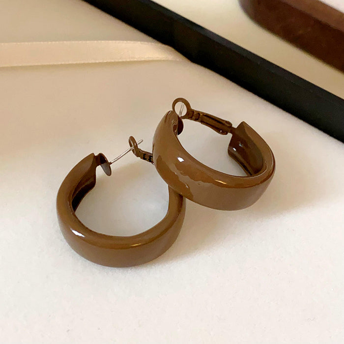 Brown Wide Geometric Hoop Earrings with Dark Metal Fittings