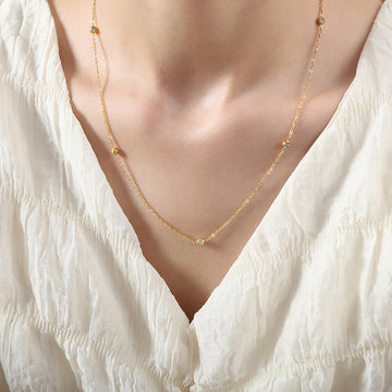Gold Bezel Station Necklace Clear Crystal Spaced Cable Chain