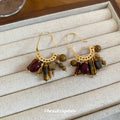 Gold Tone Brown and Burgundy Stone Fringe Hook Earrings view 4