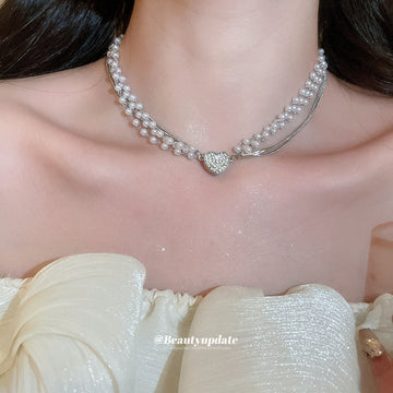 White Pearl and Crystal Heart Layered Necklace with Detailed Finish