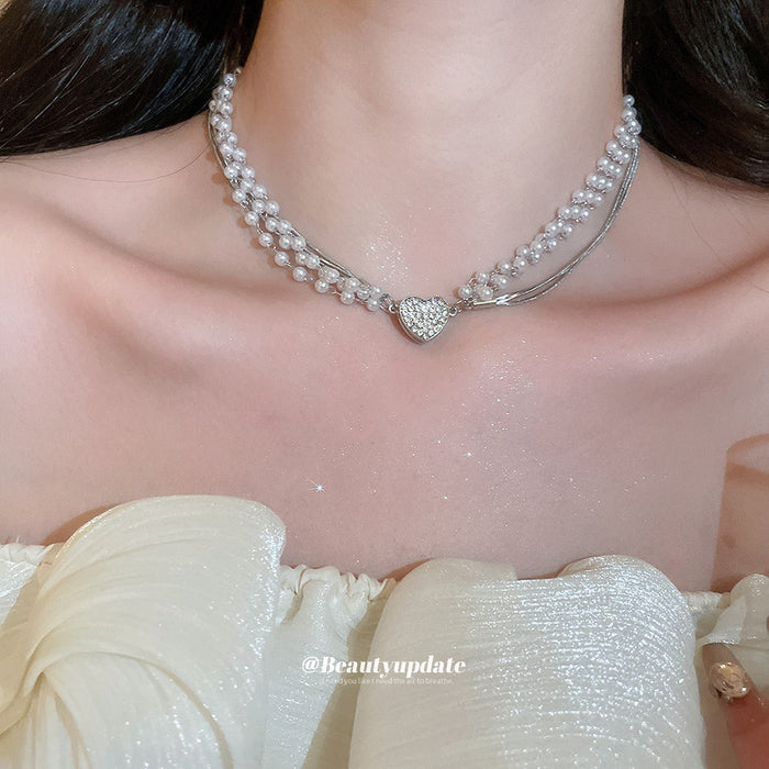 White Pearl and Crystal Heart Layered Necklace with Detailed Finish