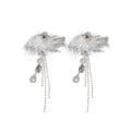 Silver Crystal Pearl Bow Necklace White Feather Tassel Earrings view 5
