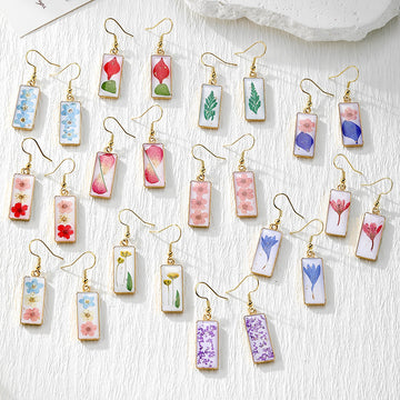 Slim Rectangular Pressed Flower Drop Earrings in Twelve Designs
