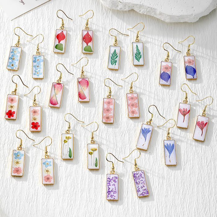 Slim Rectangular Pressed Flower Drop Earrings in Twelve Designs