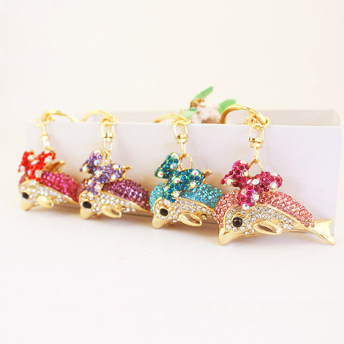 Bow Dolphin Rhinestone Keychain With Gold-Tone Ring And Lobster Clasp