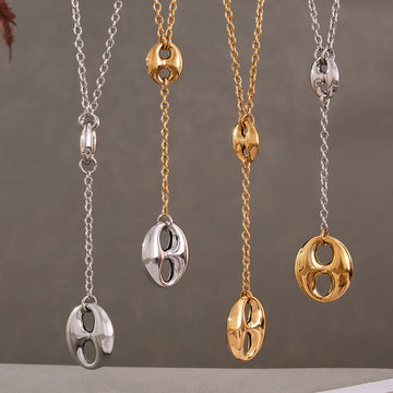Polished Coffee Bean Y Lariat Necklace Gold and Steel Tones