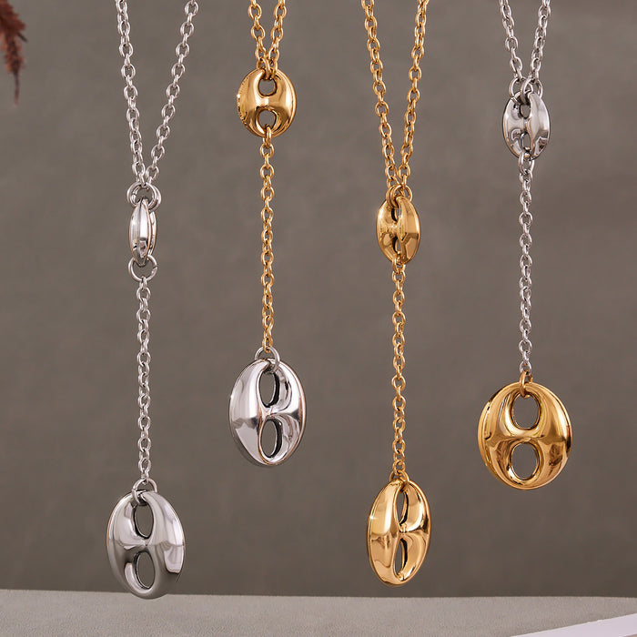 Polished Coffee Bean Y Lariat Necklace Gold and Steel Tones