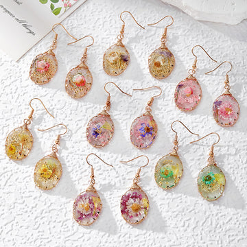 Wire Wrapped Oval Dried Flower Resin Earrings 7 Styles