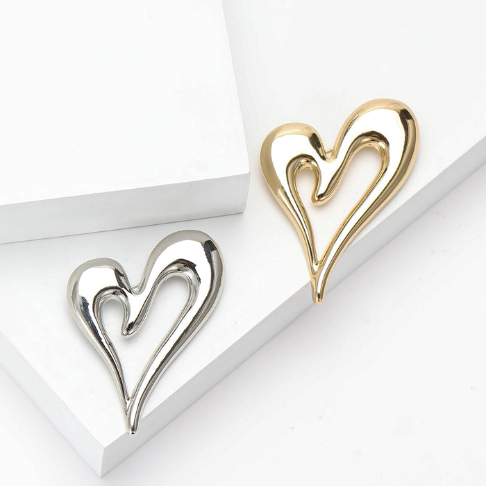 Polished Double Heart Brooch Decorative Metal Pin For Jackets And Lapels