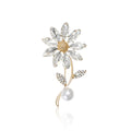 Crystal Daisy Stem Brooch with Pearl Drop in Two Tones view 1