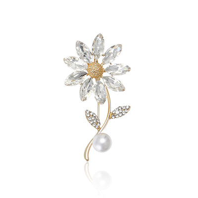 Product display showing a crystal daisy on a curved leafy stem with a white pearl drop