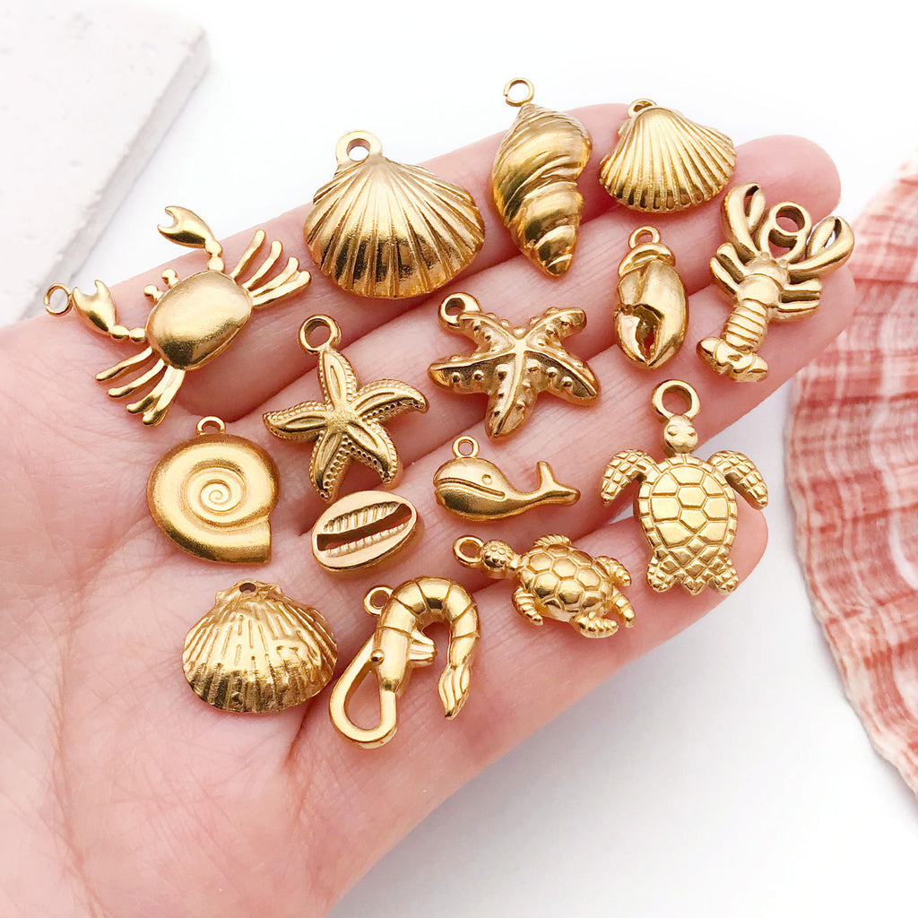 Gold Stainless Steel Seahorse Shell Starfish Charm Pendant for DIY Bracelet Necklace Jewelry