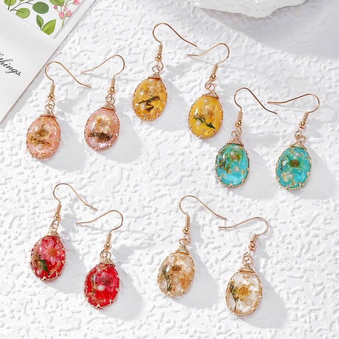 Wire Wrapped Teardrop Dried Flower Resin Earrings 5 Colors