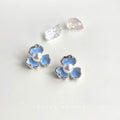 Silver Tone Pale Blue Gradient Three Petal Pearl Center Stud Earrings view 1