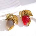 Red Gold Tone Strawberry Resin Two Designs Metal Brooch Pin view 4