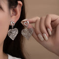 Silver Filigree Heart and Oval Long Dangle Stud Earrings view 1