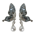 Silver Crystal Butterfly Stud Earrings Teardrop Pearl Drops view 5