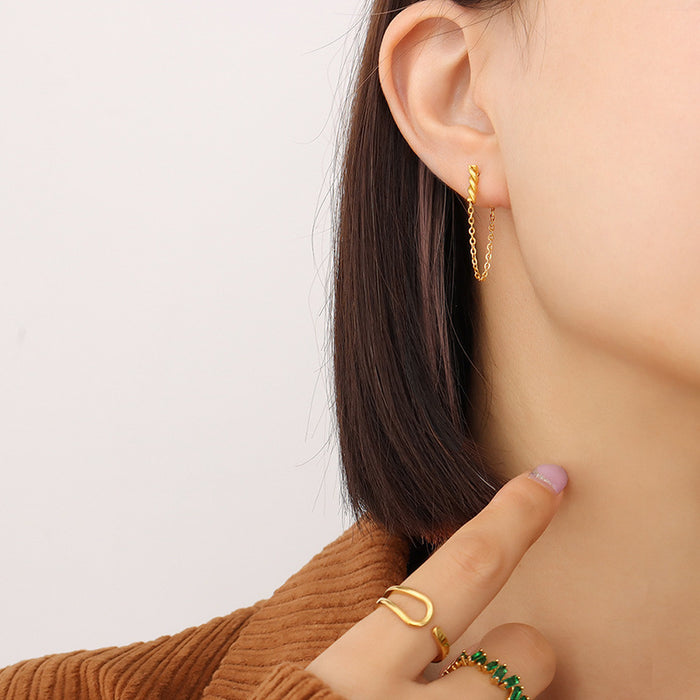 Gold Twisted Bar Chain Loop Tassel Stud Earrings Pair