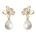 Gold Cream Enamel Flower Stud Pearl Teardrop Drop Earrings view 5