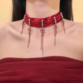 Velvet Cross Choker with Chain Tassels in Red or Black view 1