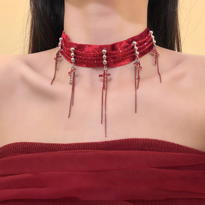 Velvet Cross Choker with Chain Tassels in Red or Black