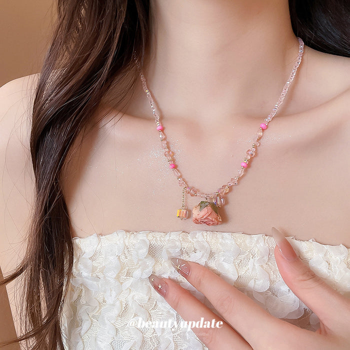 Pink Beaded Chain Necklace With a Preserved Rose Pendant