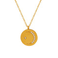 Round Disc Crescent Moon Zircon Pendant Gold Necklace view 5