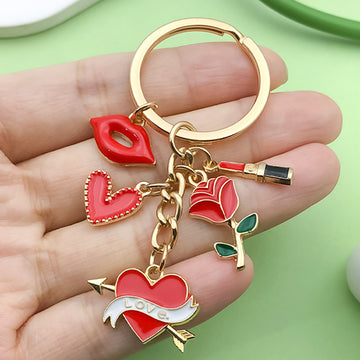 Gold-Tone Metal Heart, Rose and Lip Charm Keychains, 7 Styles