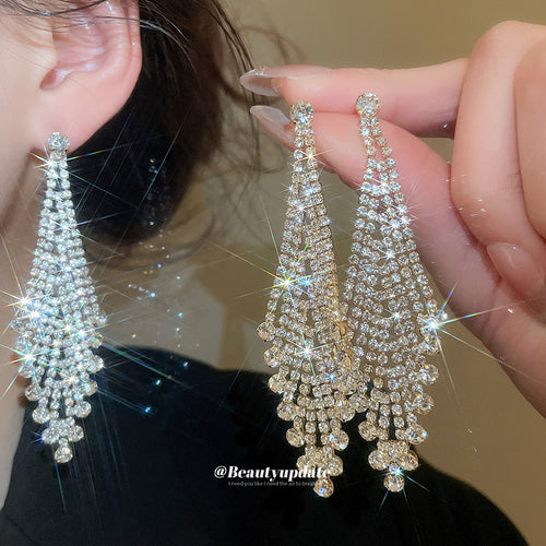 Crystal Waterfall Tassel Earrings in Gold and Silver shown as a complete design