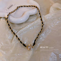 Gold Tone Black Leather Weave Chain Necklace Rhinestone Ball Clasp view 2