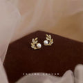 Gold Leaf Branch Pearl Stud Earrings Clear Crystal Accents view 1