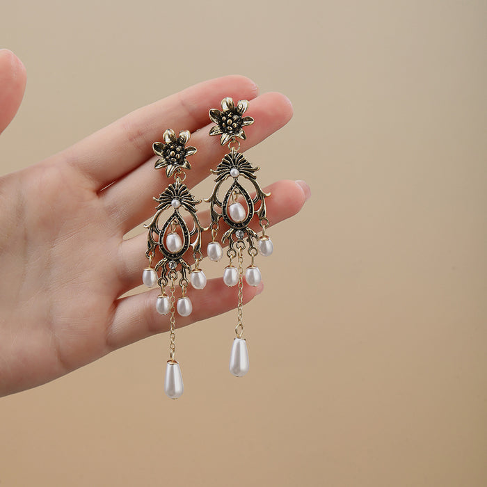 Antique Gold Flower Pearl Look Long Chandelier Earrings