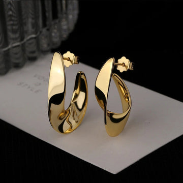 Gold White Tone Twisted U Shape Polished Stud Earrings Pair
