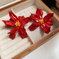 Oversized Red Sculpted Flower Stud Earrings with Gold Tone Centers view 6