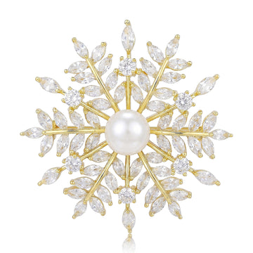 Gold Tone Pearl Center Starburst Crystal Brooch Marquise Rays