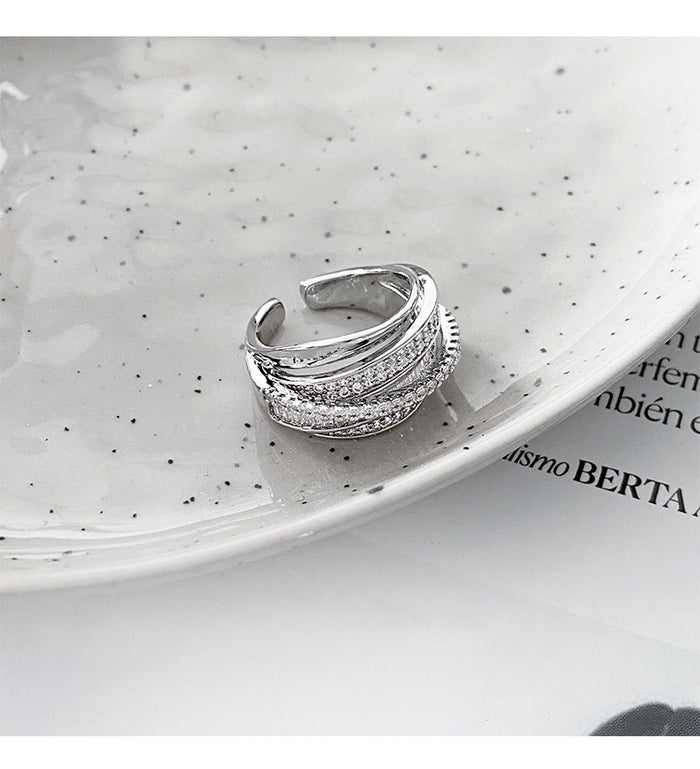 Silver Open Multi-Band Crossover Pavé Rhinestone Ring