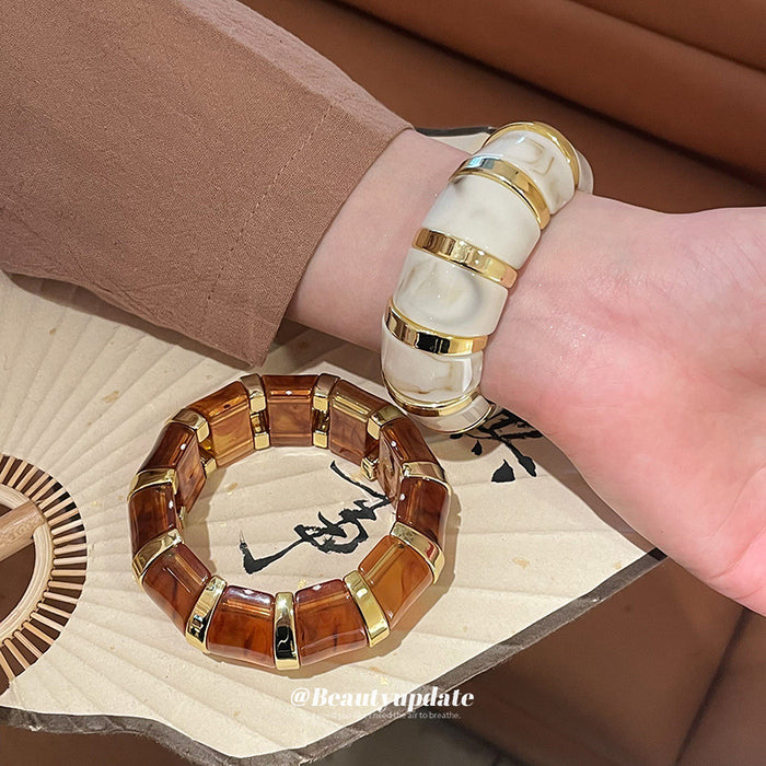 Cream Or Brown Marbled Segmented Stretch Bracelet With Gold Spacers