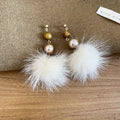 Brown and White Faux Fur Pom Pom Pearl Drop Stud Earrings view 6