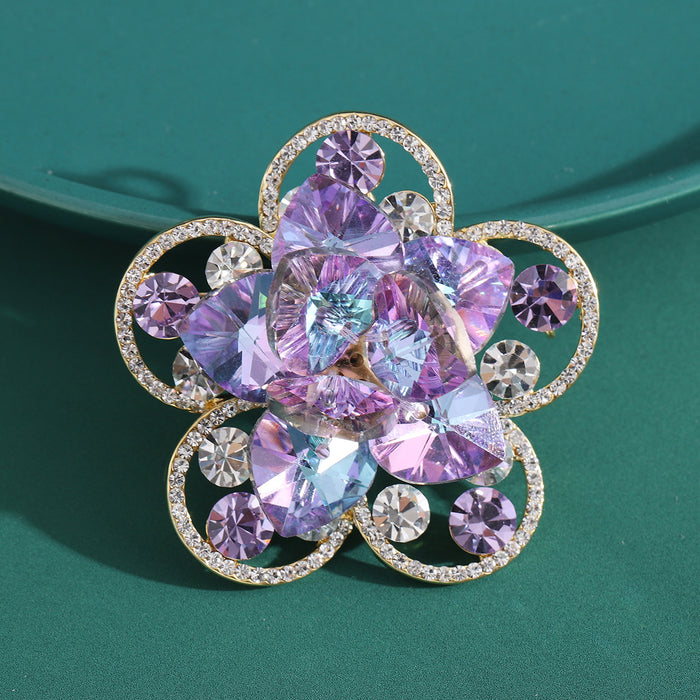 Large Layered Crystal Flower Brooch in Blue or Purple