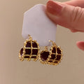 Brown Leather Grid Hoop Earrings In Gold Tone For Women view 3