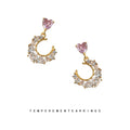Gold Pink Heart Stud Crescent Clear Crystal Drop Earrings view 3