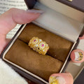 Gold Openwork Flower Band Ring Clear and Red Stones view 4
