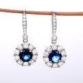 Silver Royal Blue Round Halo CZ Leverback Drop Earrings view 2