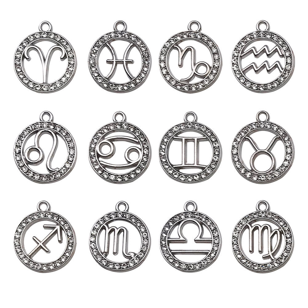 Rhinestone Zinc Alloy Zodiac Round Tag charm pendants for DIY keychains bracelets necklaces