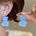Blue Flocked Teddy Bear Pearl Stud Earrings Decorative Jewelry Design view 4