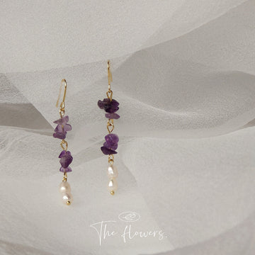 Gold Tone Purple Stone Chip And White Pearl Long Hook Earrings