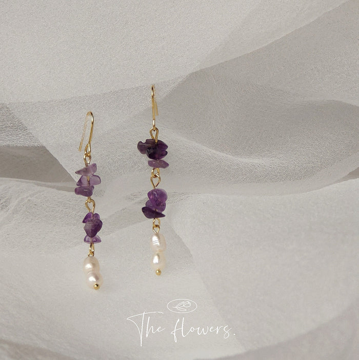 Gold Tone Purple Stone Chip And White Pearl Long Hook Earrings